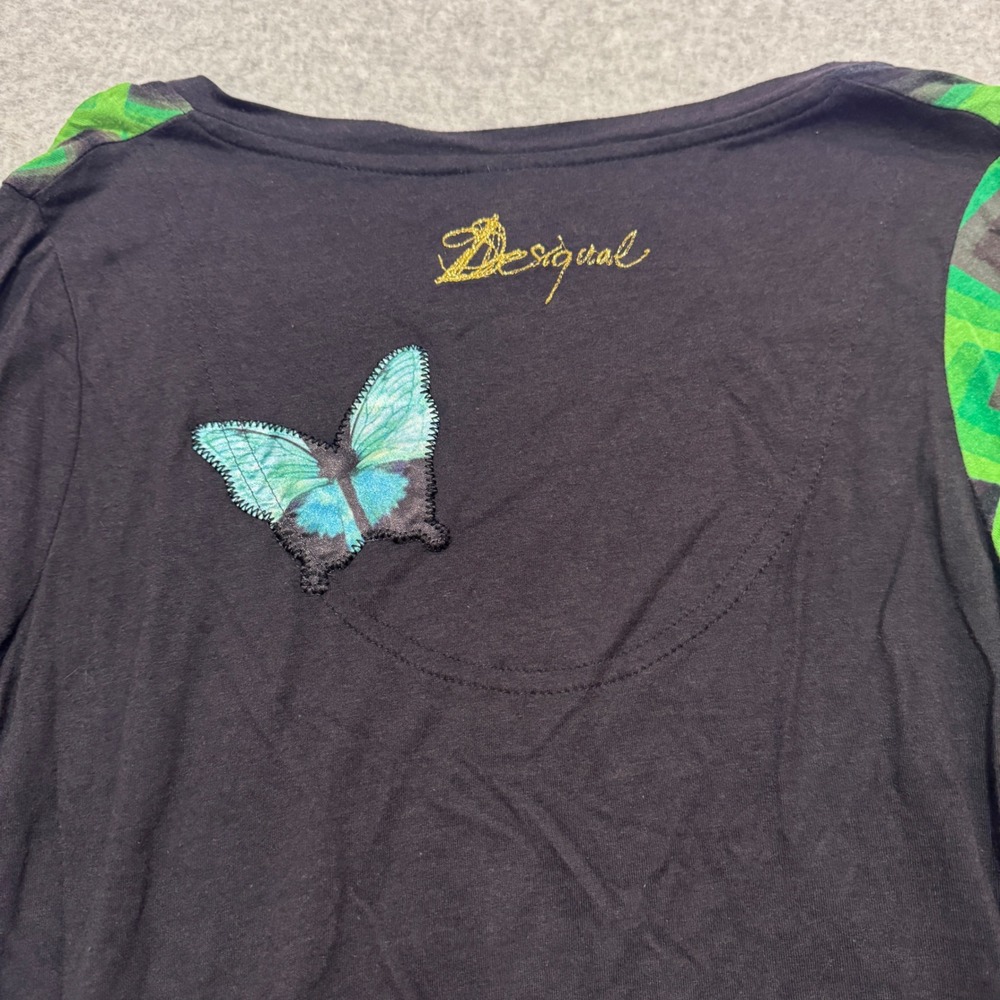 Desigual Women Long Sleeve Asymmetrical Butterfly Graphic Top V-Neck Black Y2K - Picture 8 of 8